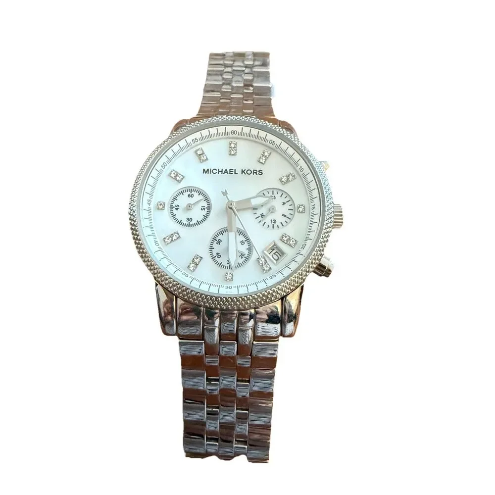 Michael Kors Silver Tone MK5020 Womens Wrist Watch Mother Of Pearl New Battery
